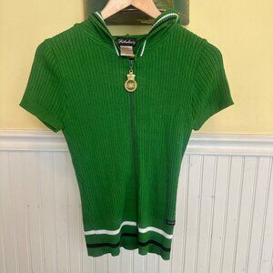 Fabulosoty XL Vintage Y2K Green Ribbed Short-Sleeve Hoodie Sweater